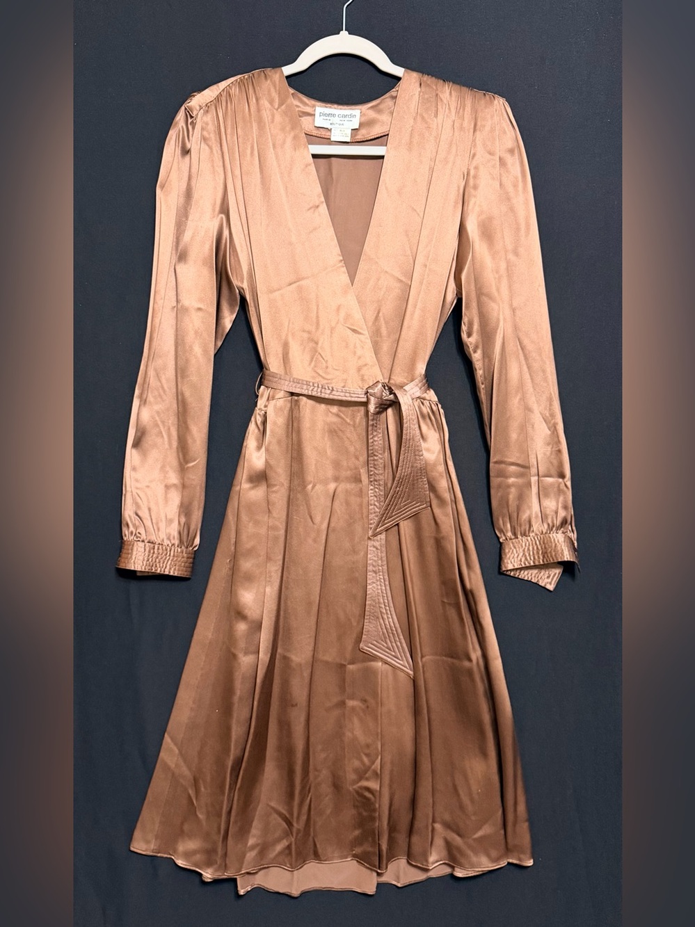 Pierre Cardin Copper Silk Wrap Dress with Tie Waist Quilted belt Cuffs VTG MCM